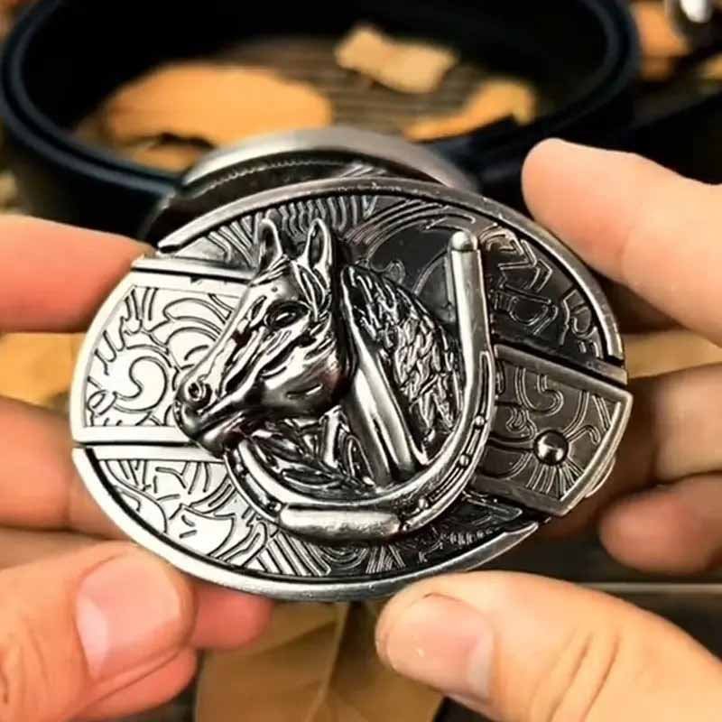 Oval Belt Buckle with Bull Skull and Hidden Knife