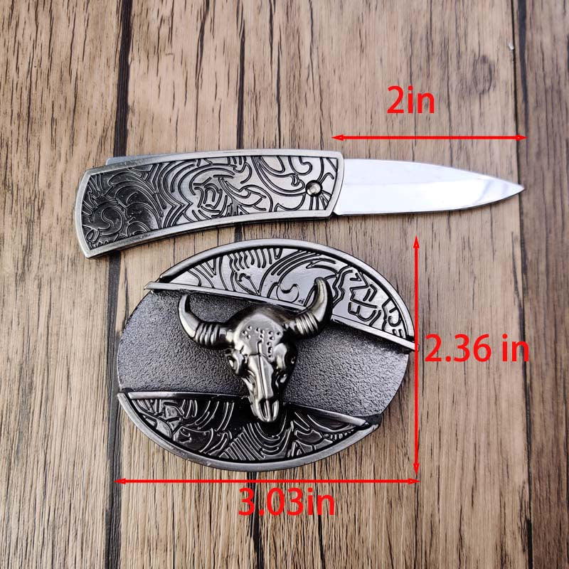 Oval Belt Buckle with Bull Skull and Hidden Knife