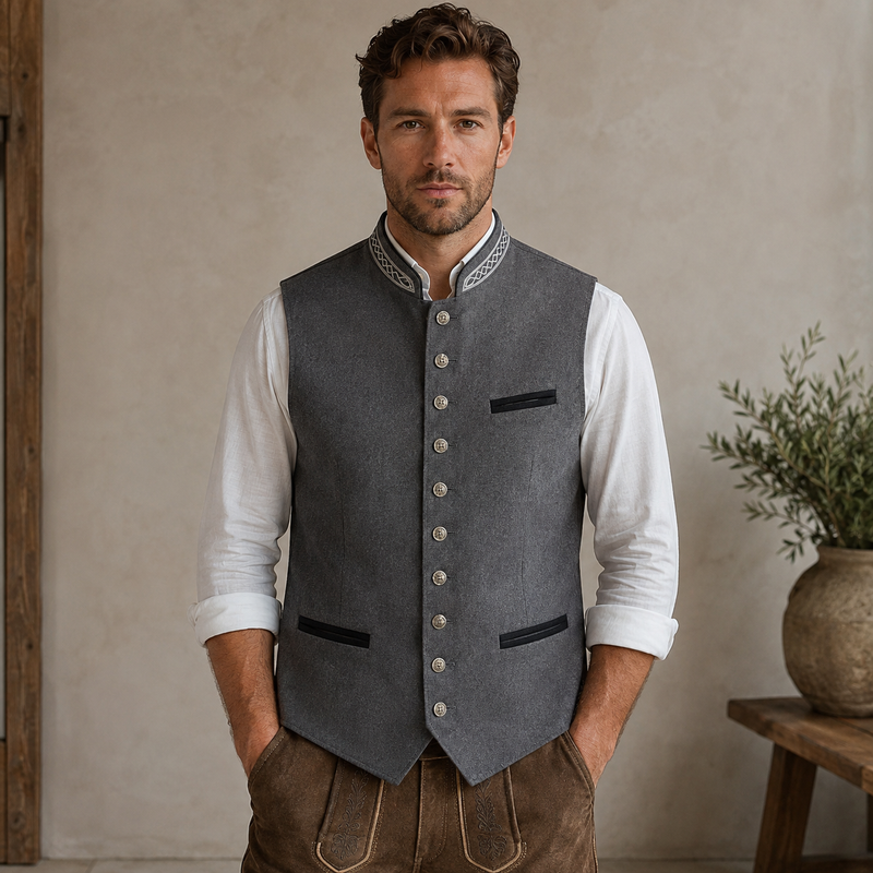 Men's Gray Bavarian-Style Waistcoat with Buttons