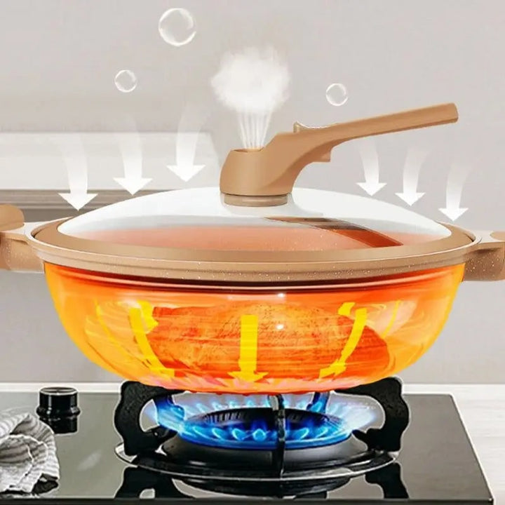 Wok Pan Non Stick Steamer Basket Glass Lid Speckled