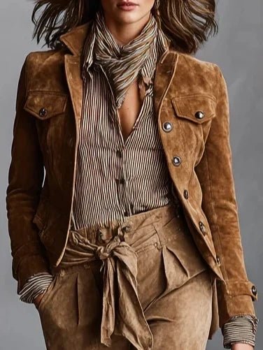 Women's Suede Jacket Short Style with Lapel Collar
