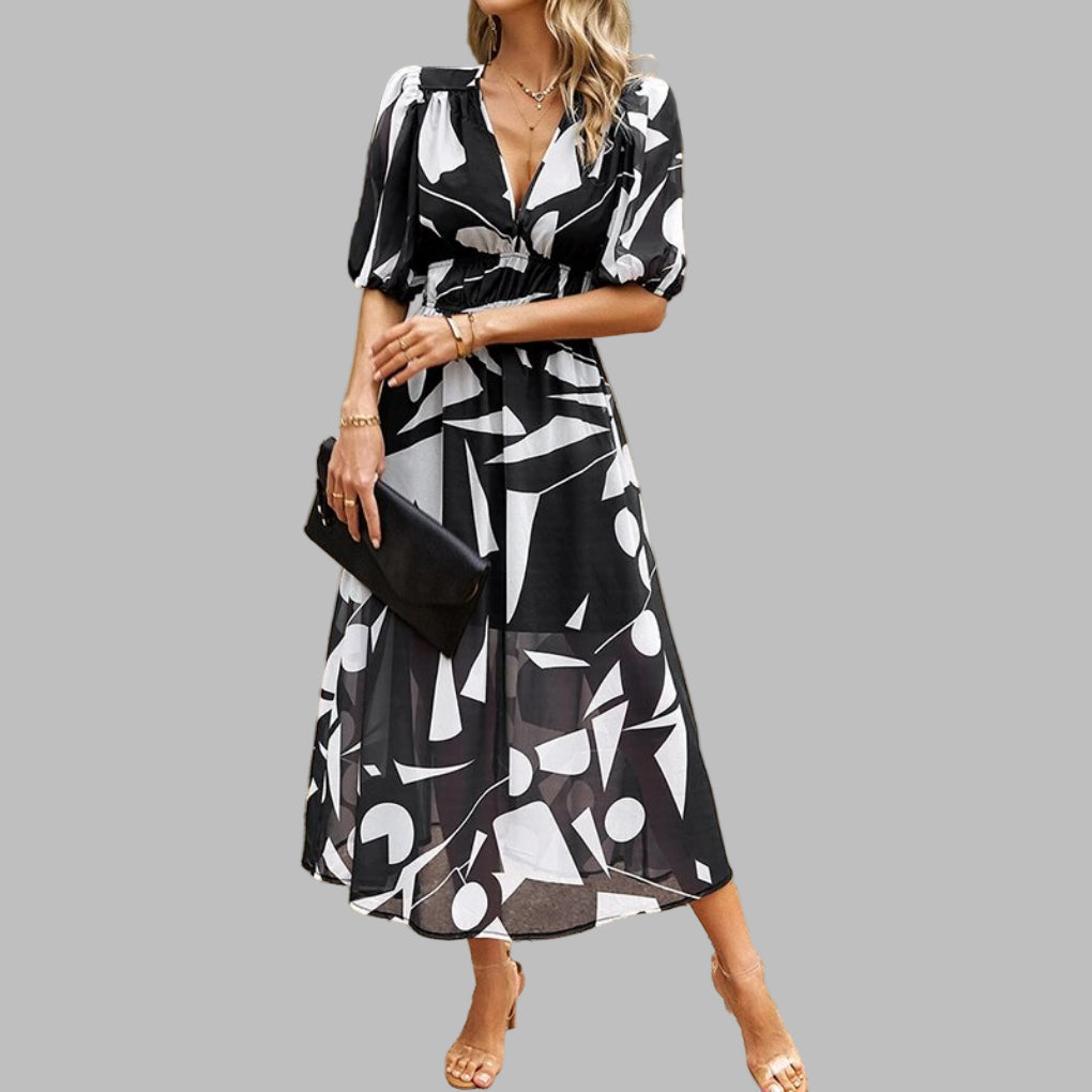 "Women's casual V-neck midi dress in breathable cotton, features short sleeves and a relaxed silhouette for summer comfort."