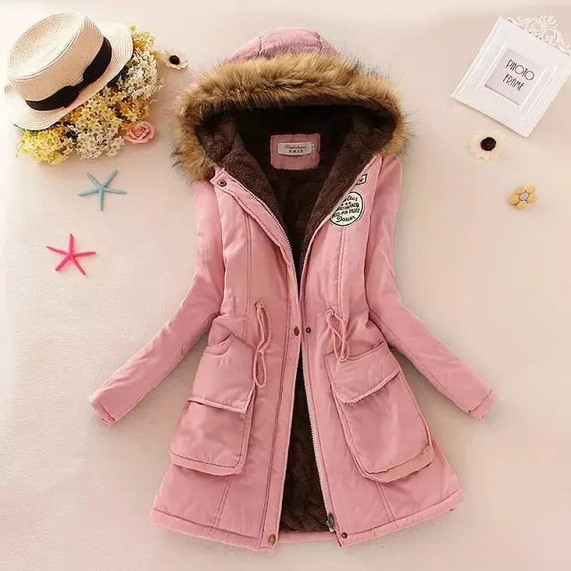 Women's Hooded Winter Coat with Fleece Lining and Faux Fur Hood Trim