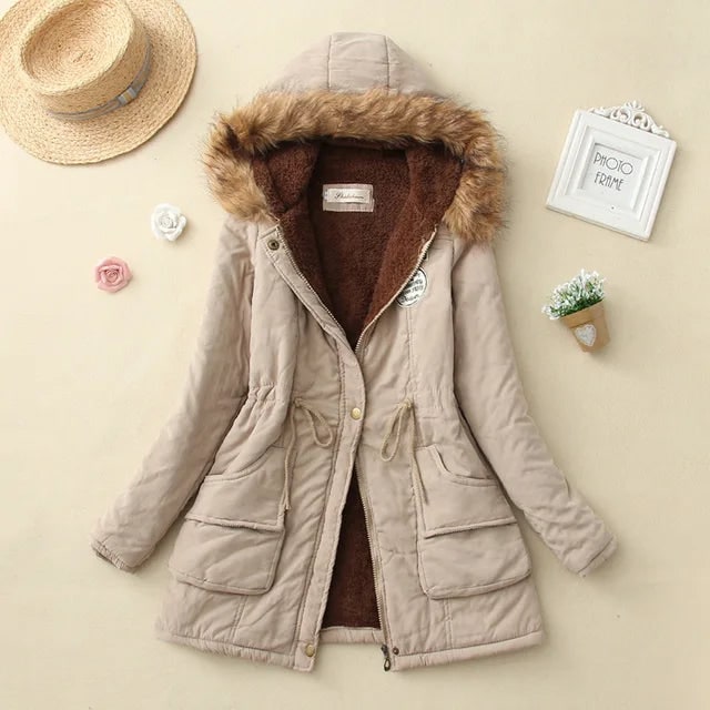 Women's Hooded Winter Coat with Fleece Lining and Faux Fur Hood Trim