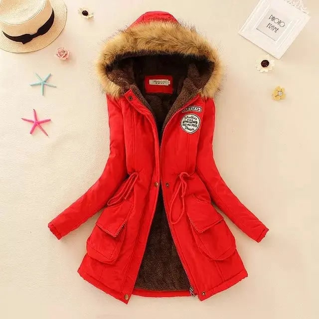 Women's Hooded Winter Coat with Fleece Lining and Faux Fur Hood Trim