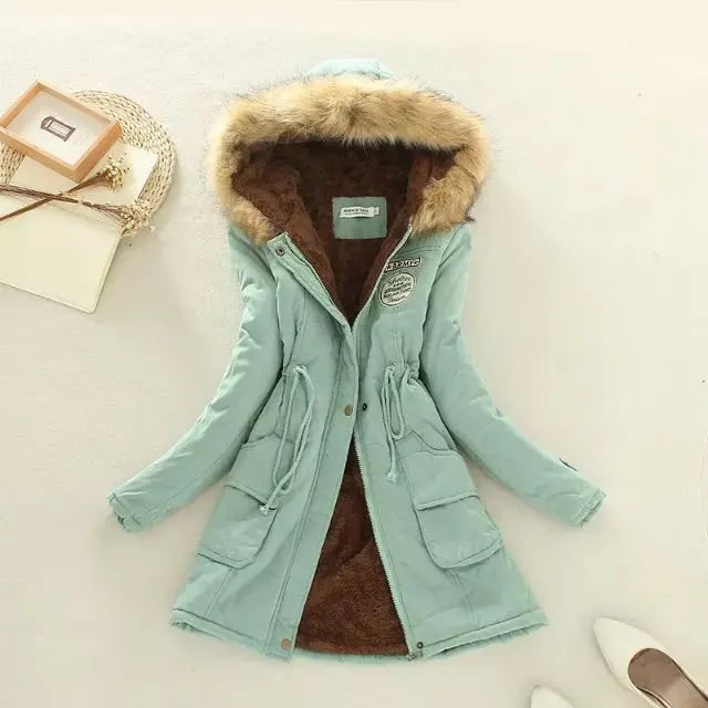 Women's Hooded Winter Coat with Fleece Lining and Faux Fur Hood Trim