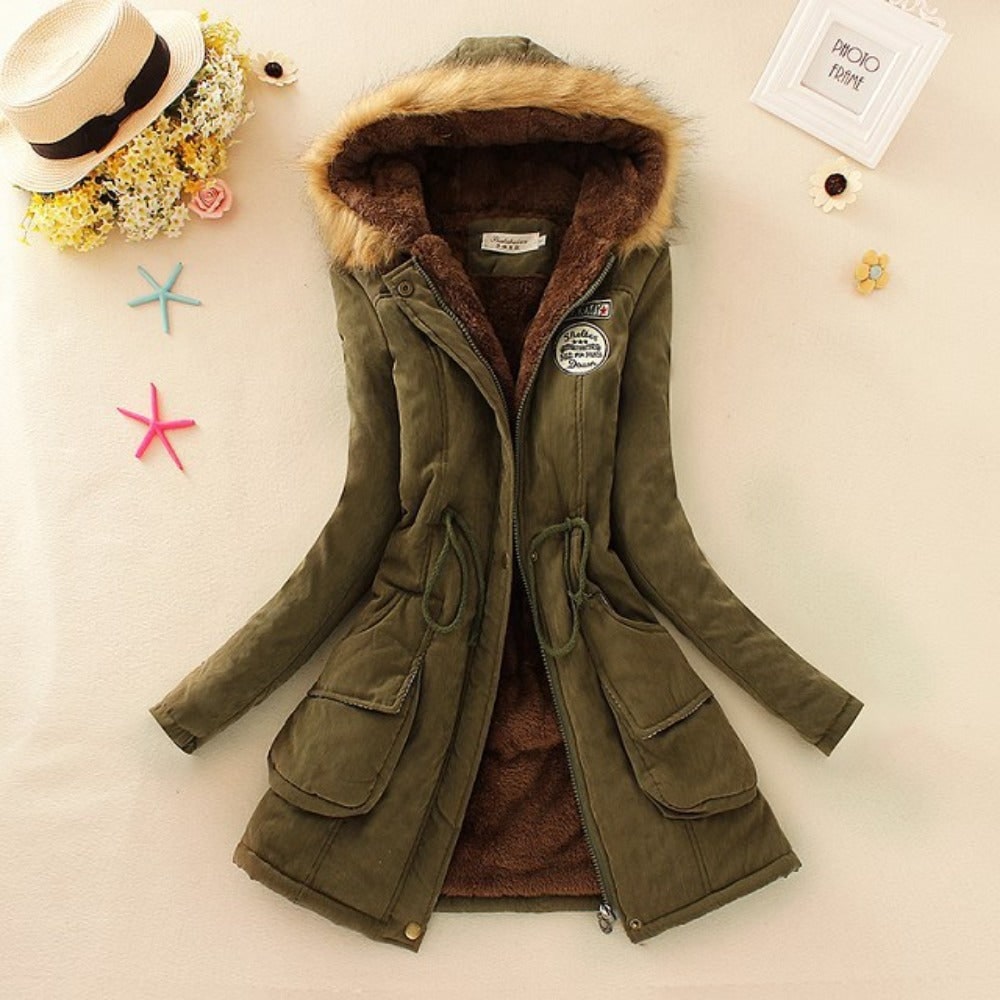Women's Hooded Winter Coat with Fleece Lining and Faux Fur Hood Trim