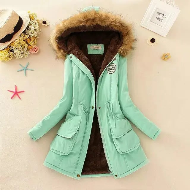 Women's Hooded Winter Coat with Fleece Lining and Faux Fur Hood Trim