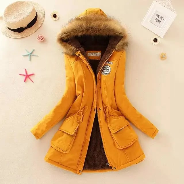 Women's Hooded Winter Coat with Fleece Lining and Faux Fur Hood Trim