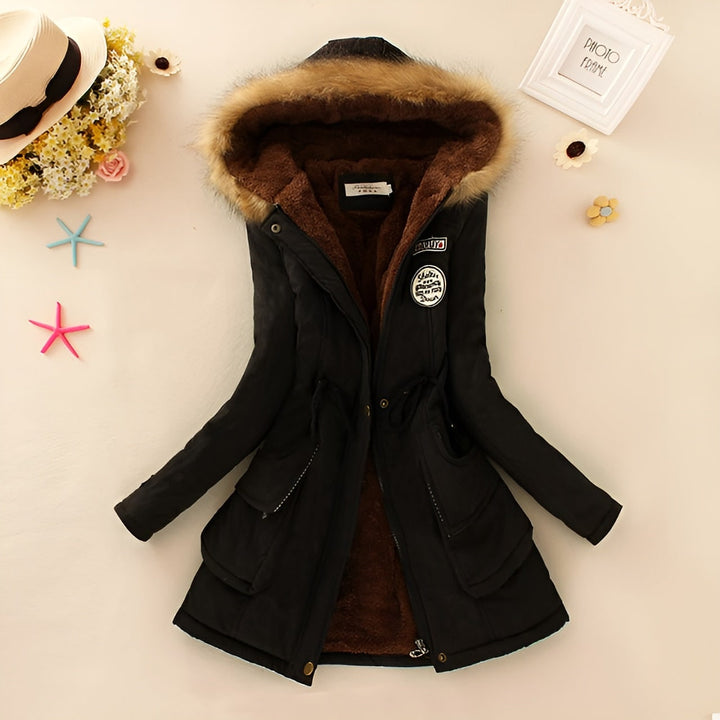 Women's Hooded Winter Coat with Fleece Lining and Faux Fur Hood Trim