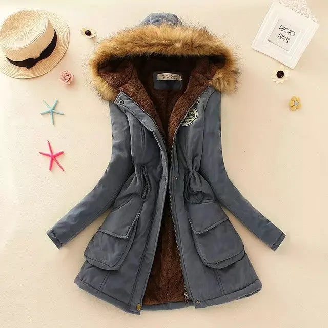 Women's Hooded Winter Coat with Fleece Lining and Faux Fur Hood Trim