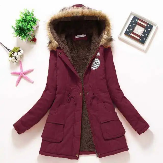 Women's Hooded Winter Coat with Fleece Lining and Faux Fur Hood Trim