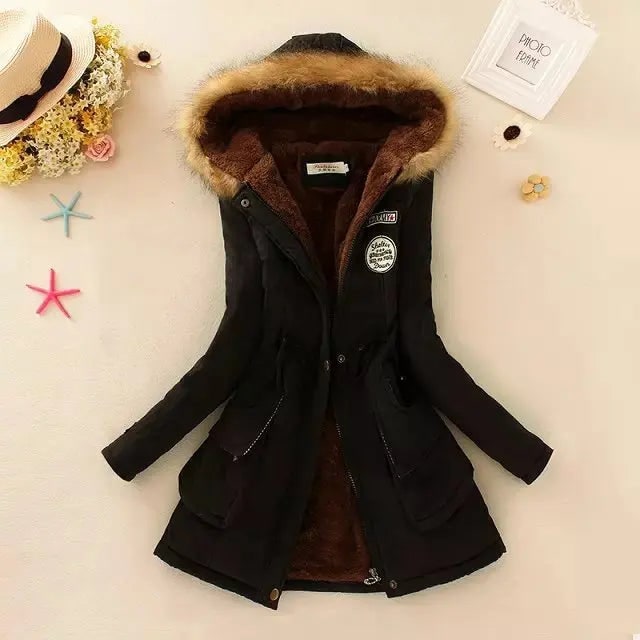 Women's Hooded Winter Coat with Fleece Lining and Faux Fur Hood Trim