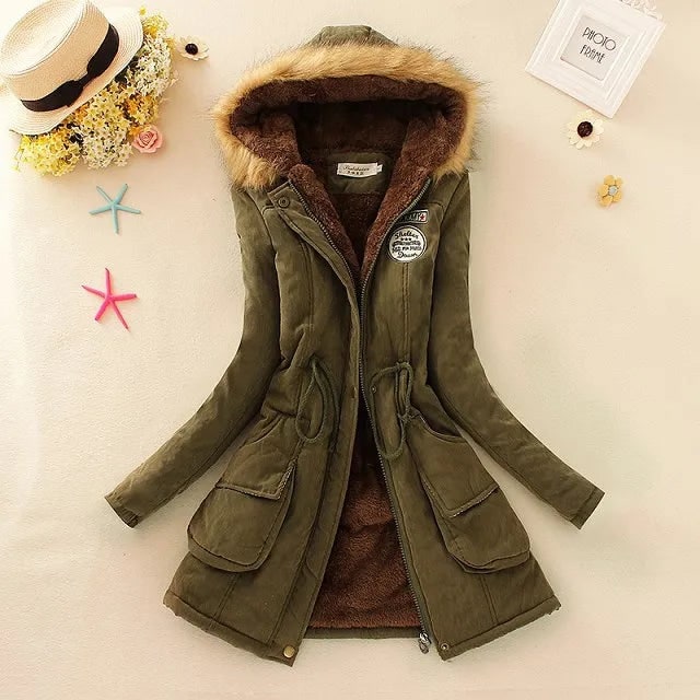 Women's Hooded Winter Coat with Fleece Lining and Faux Fur Hood Trim