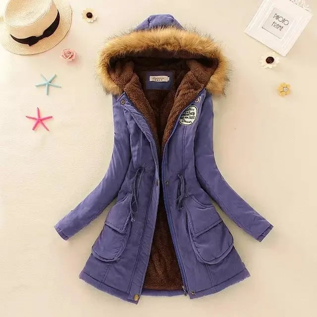 Women's Hooded Winter Coat with Fleece Lining and Faux Fur Hood Trim