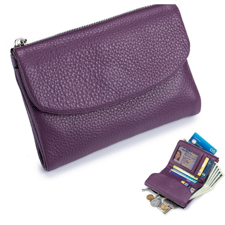 Women's Leather Wallet with Zippered Pockets Card Slots and Id Window