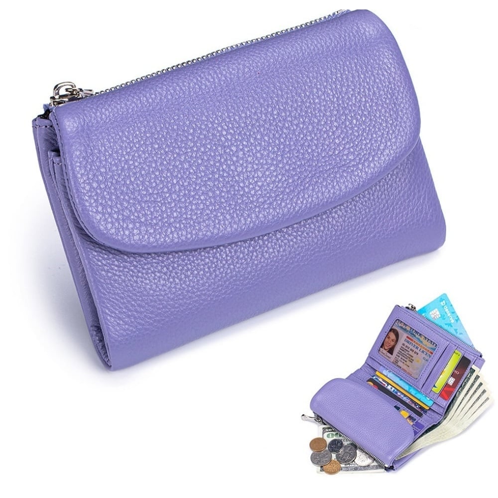 Women's Leather Wallet with Zippered Pockets Card Slots and Id Window