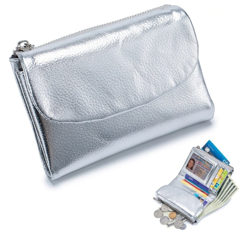 Women's Leather Wallet with Zippered Pockets Card Slots and Id Window