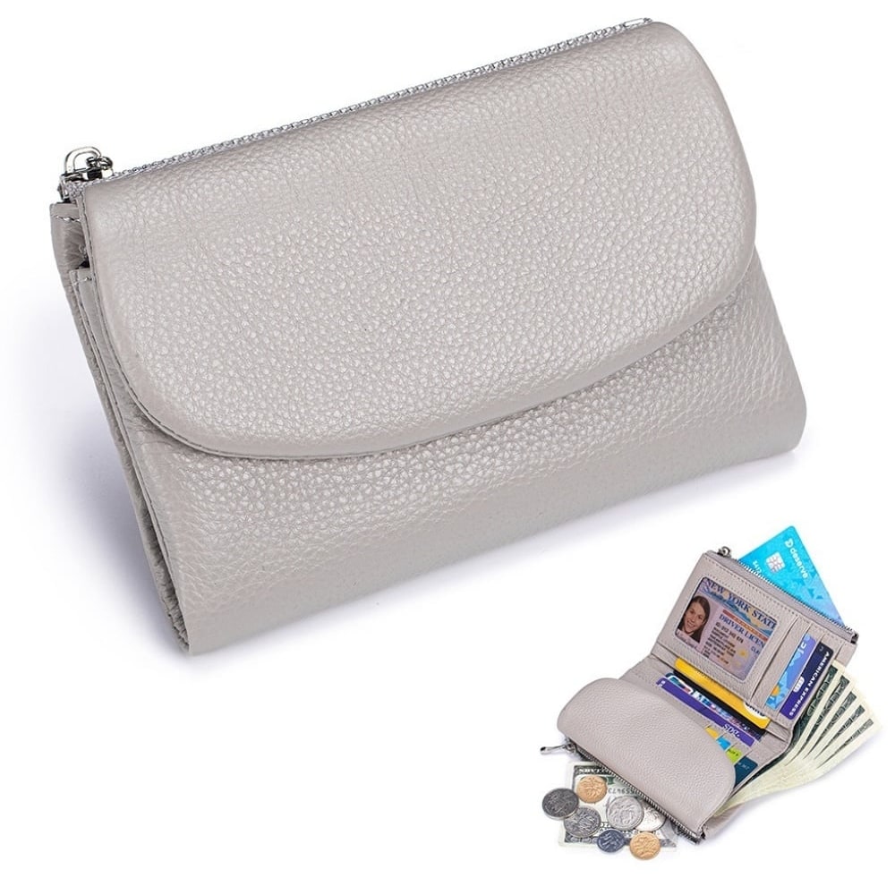 Women's Leather Wallet with Zippered Pockets Card Slots and Id Window