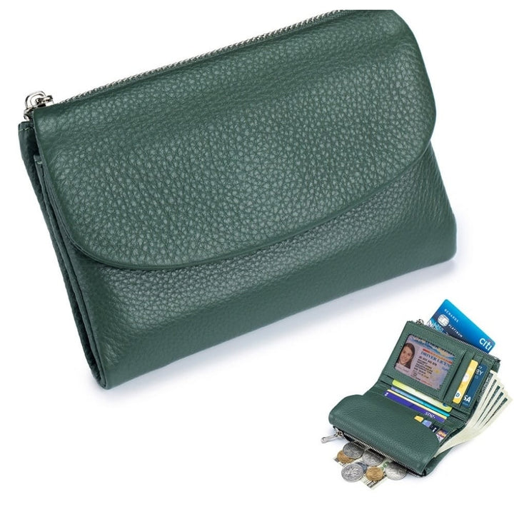 Women's Leather Wallet with Zippered Pockets Card Slots and Id Window