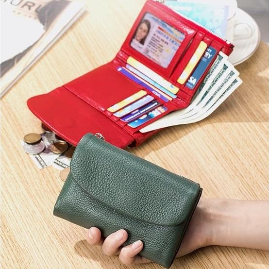 Women's Leather Wallet with Zippered Pockets Card Slots and Id Window