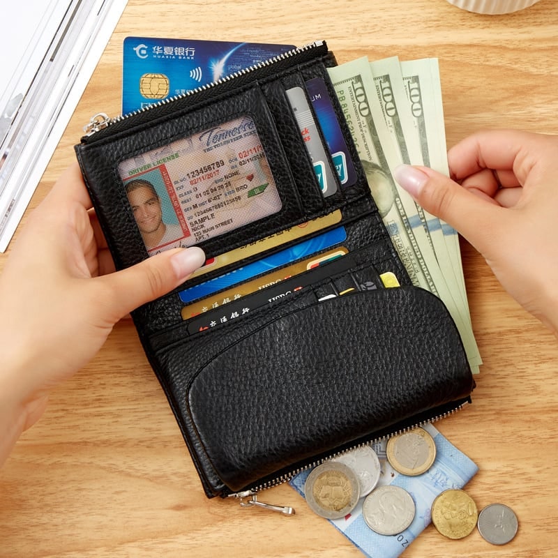 Women's Leather Wallet with Zippered Pockets Card Slots and Id Window