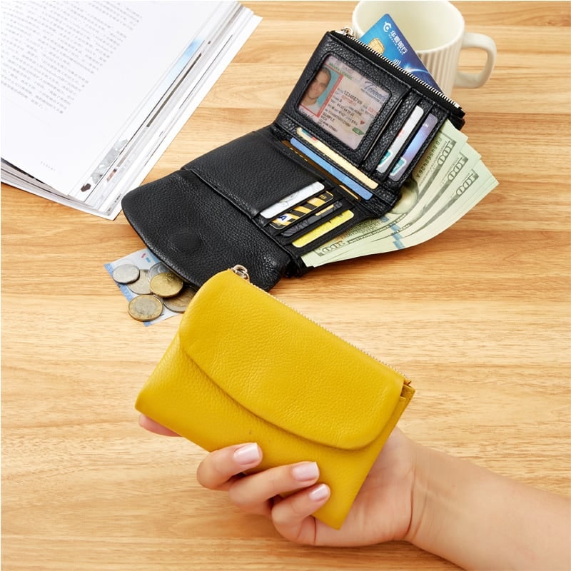 Women's Leather Wallet with Zippered Pockets Card Slots and Id Window