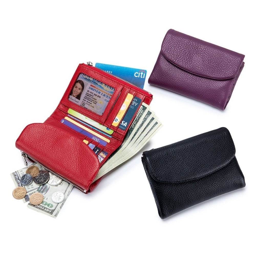 Women's Leather Wallet with Zippered Pockets Card Slots and Id Window