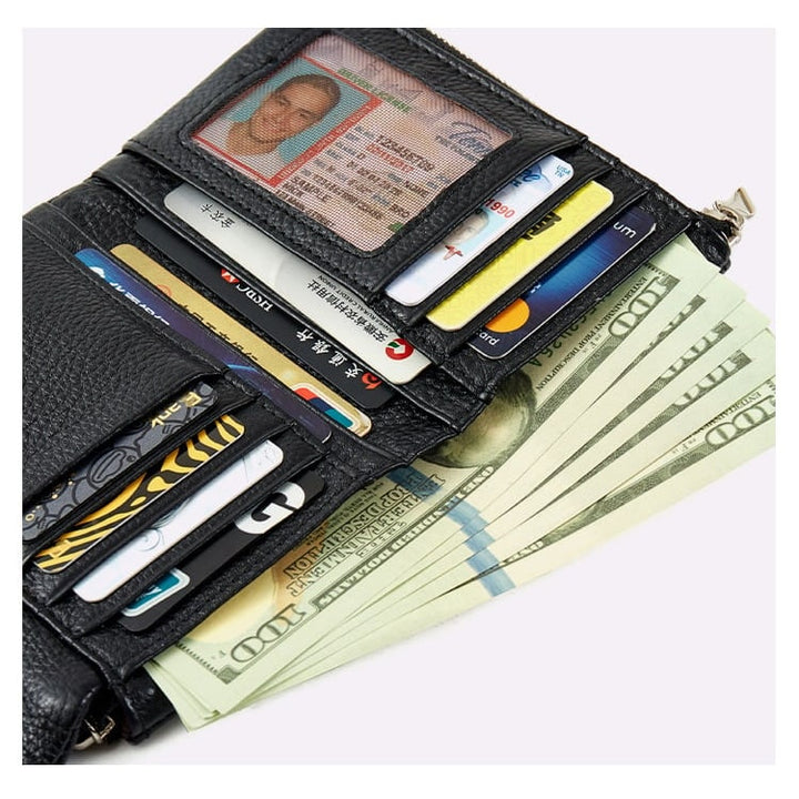 Women's Leather Wallet with Zippered Pockets Card Slots and Id Window