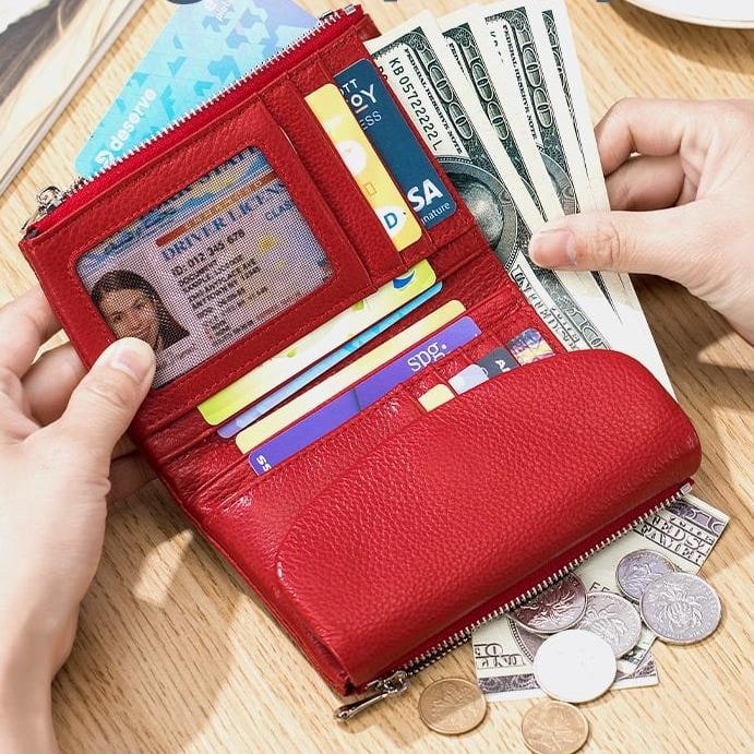 Women's Leather Wallet with Zippered Pockets Card Slots and Id Window