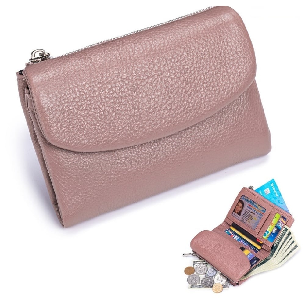 Women's Leather Wallet with Zippered Pockets Card Slots and Id Window