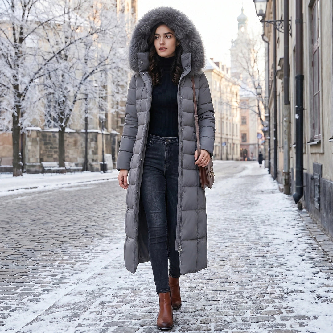Women's Long Puffer Coat with Quilted Design Faux Fur Hood and Belted Waist