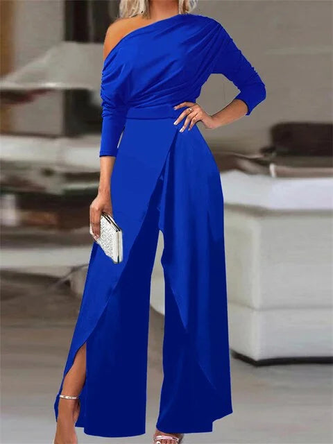 Off-Shoulder Wide Leg Jumpsuit with Wrap Front